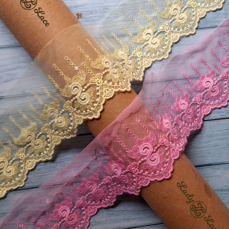 baby-pink-and-lemon-yellow-net-sequin-scallop-lace-trim-1 Baby Pink and Lemon Yellow Net Sequin Scallop Lace Trim
