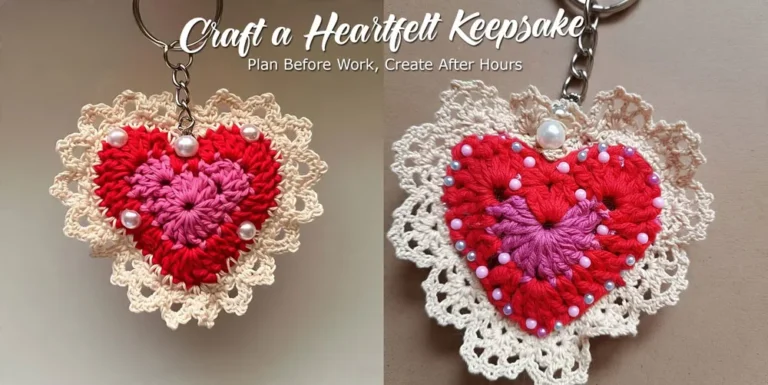 Crocheted Heart-Shaped Keychain with Lace Border, Beads, and Pearl Accent