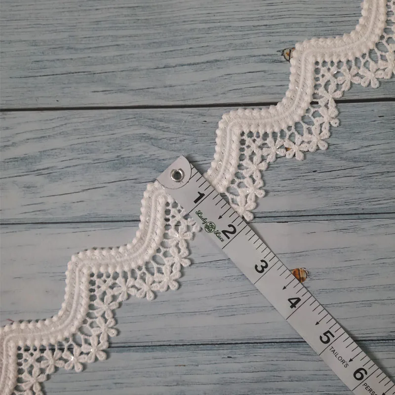 white-wavy-with-flower-sequin-lace-trim-2 White wavy with flower sequin lace trim, 2 inch wide, 1 yard length