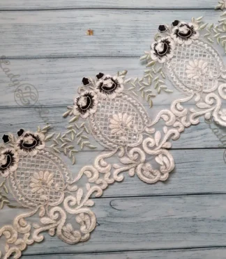 Black organza board sequin lace trim, 7 inch width, 1 yard length