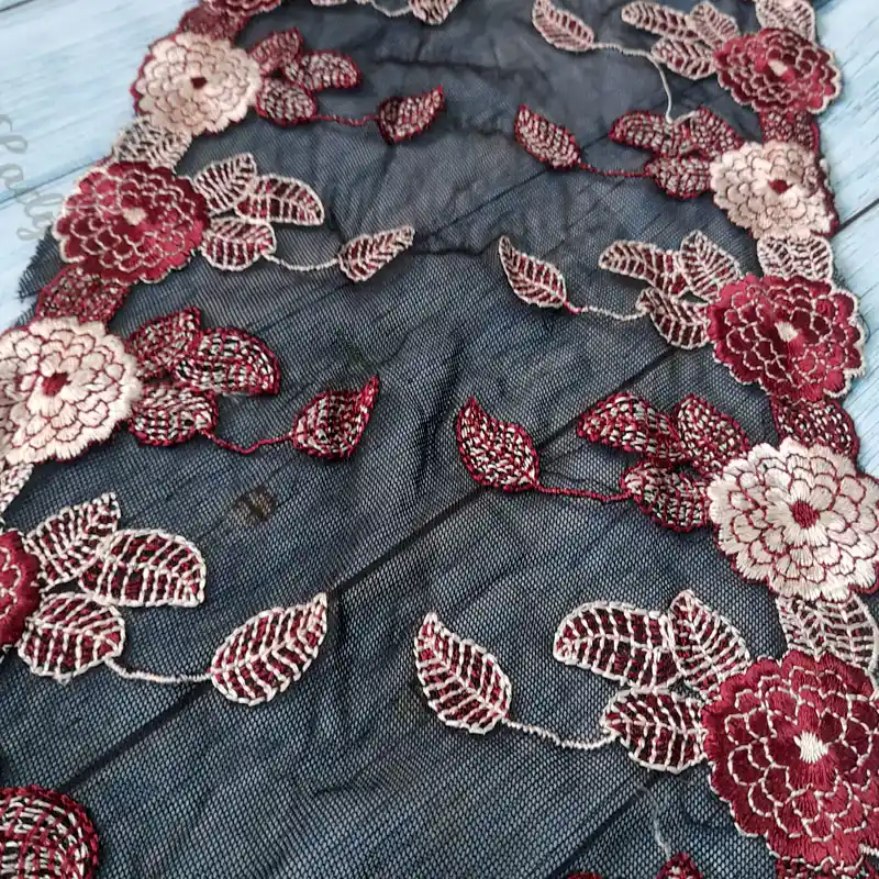 black-net-embroidered-lace-trim-7-inch-3 Black net embroidered lace trim, 7 inch width, 1 yard length