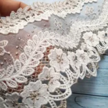Imported Beige organza zari flower lace trim, 5 inch width, 1 yard length