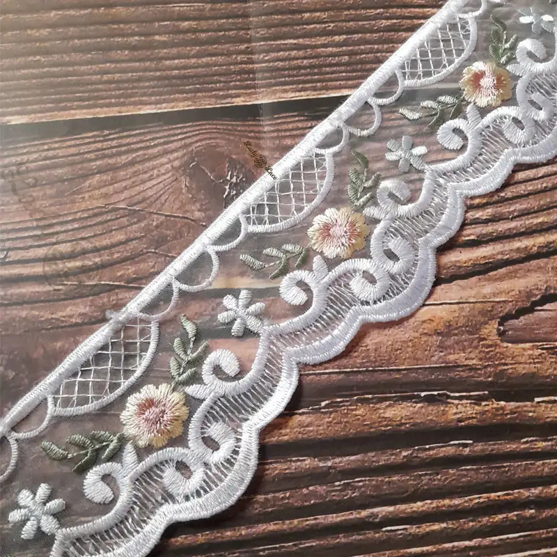 sky-blue-embroidery-one-sided-organza-3 Sky Blue embroidery one sided organza hanging lace trim, 2.5 inch width, 1 yard length