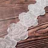 White rose with sequin lace trim, 4 inch width, 1 yard length