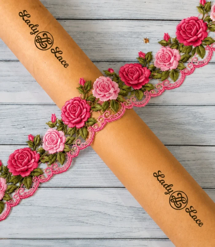 Pink Rose Embroidery Lace Trim - 2.5 inch width, 1 meter