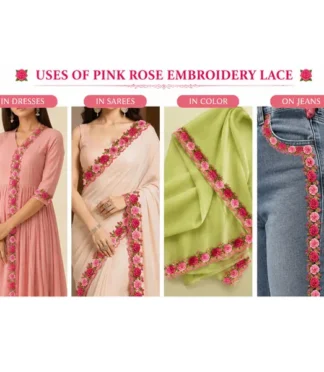 Pink Rose Embroidery Lace Trim - 2.5 inch width, 1 meter
