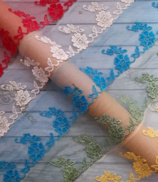 Floral Embroidered Tulle Lace Trim 5 Inch Wide by the Yard | Decorative Mesh Lace Border for Dresses, Sarees & Sewing