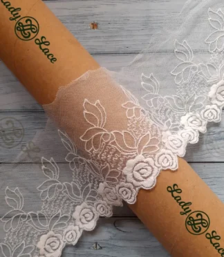 White Rose Embroidered Mesh Lace Trim 4 Inch Wide by the Yard | Floral Lace Border for Sarees, Dresses & Sewing