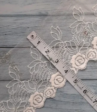 white-rose-embroidered-mesh-lace-trim-2 White Rose Embroidered Mesh Lace Trim 4 Inch Wide by the Yard | Floral Lace Border for Sarees, Dresses & Sewing