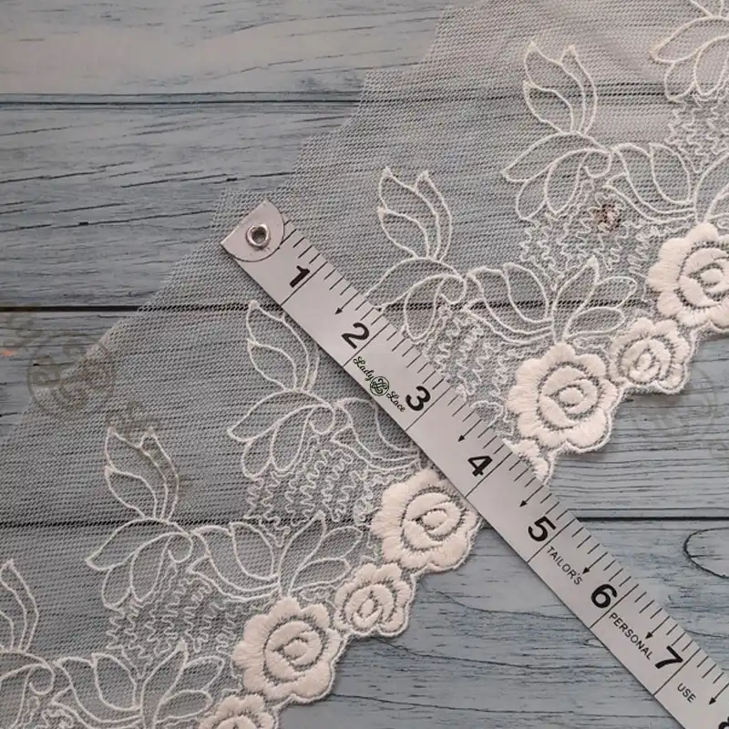white-rose-embroidered-mesh-lace-trim-2 White Rose Embroidered Mesh Lace Trim 4 Inch Wide by the Yard | Floral Lace Border for Sarees, Dresses & Sewing