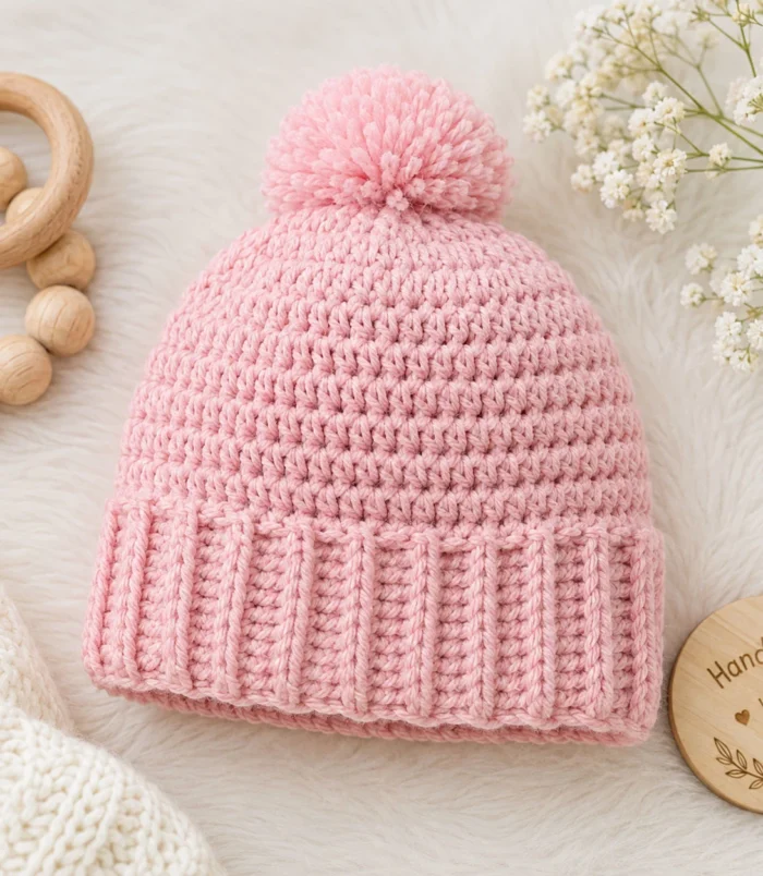 Pink-Baby-Beanie-with-Handmade-1 Easy Beginner Crochet Baby Hat Tutorial Pattern (Free Step-by-Step Guide)